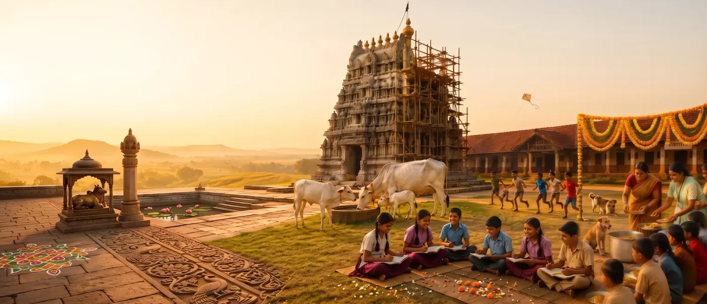 A temple under renovation at golden hour, with children studying, cows and community cooking in its courtyard
