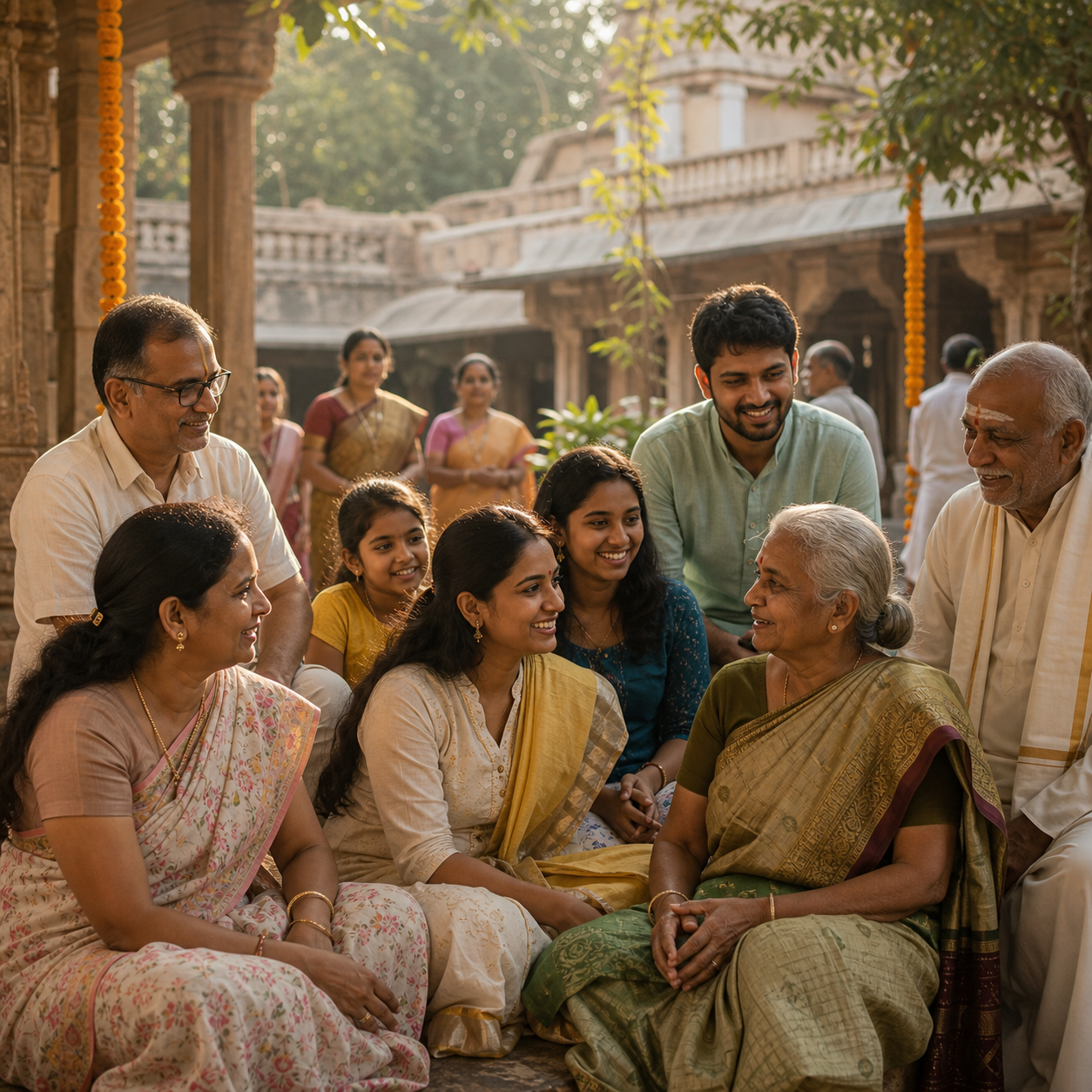 A multigenerational community of devotees sharing a warm moment in a temple courtyard