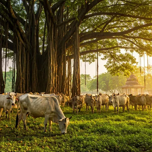 Cows grazing beneath a banyan tree at a gaushala