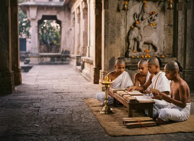 Students studying manuscripts in a gurukul corridor