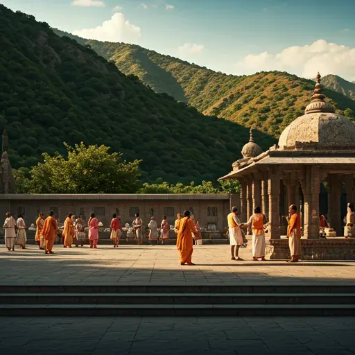 Community gathering in a temple courtyard