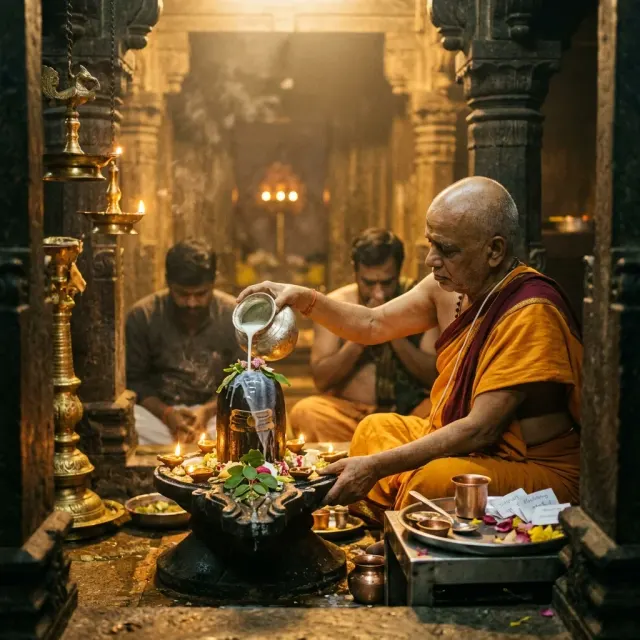 Priest performing abhishekam in a temple