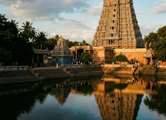 Temple gopuram beside a sacred tank at golden hour